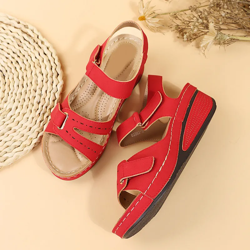 Peep toe adjustable velcro sandals ankle strap wedge heel sandals