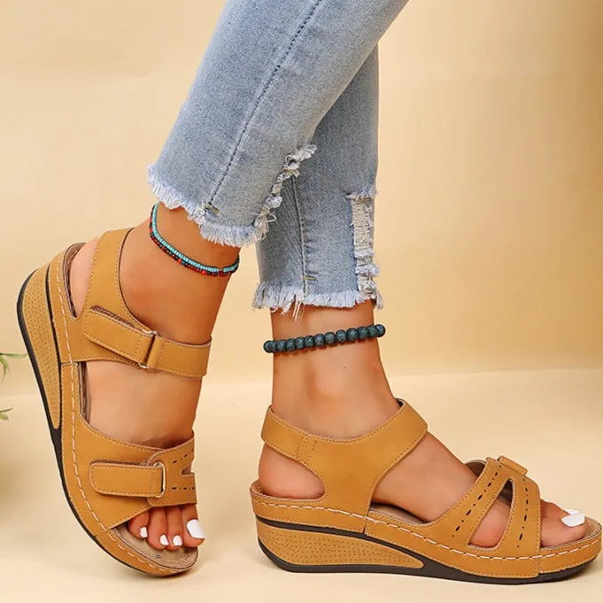 Peep toe adjustable velcro sandals ankle strap wedge heel sandals