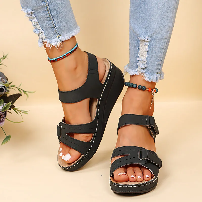 Peep toe adjustable velcro sandals ankle strap wedge heel sandals