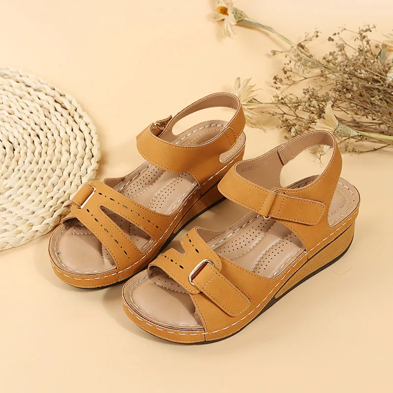 Peep toe adjustable velcro sandals ankle strap wedge heel sandals