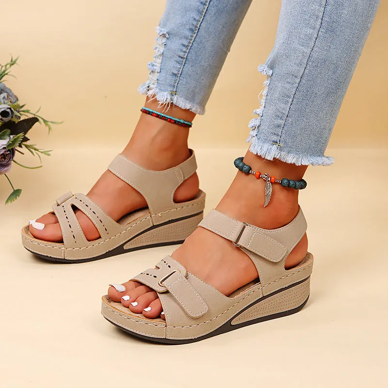 Peep toe adjustable velcro sandals ankle strap wedge heel sandals