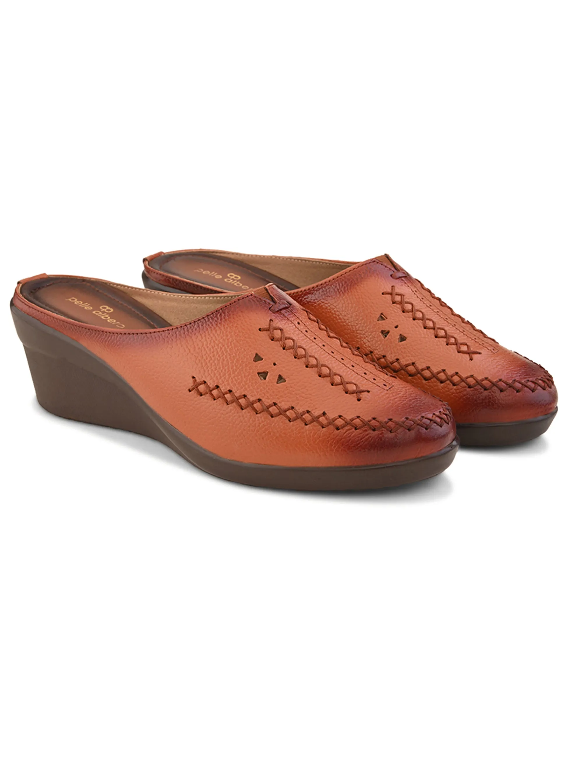 Pelle Albero Female's Tan Leather Wedge Heel Mules