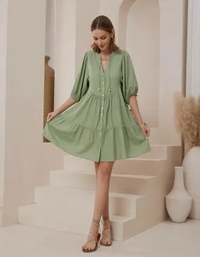 Presley Button Front V Neck Dress in Green