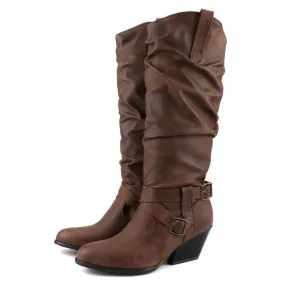 Retro buckle strap slouch boots for women