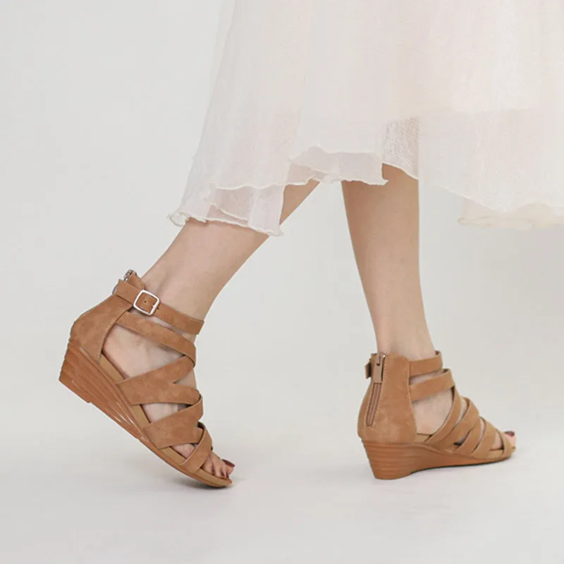 Retro wedge heels gladiator sandals with back zipper