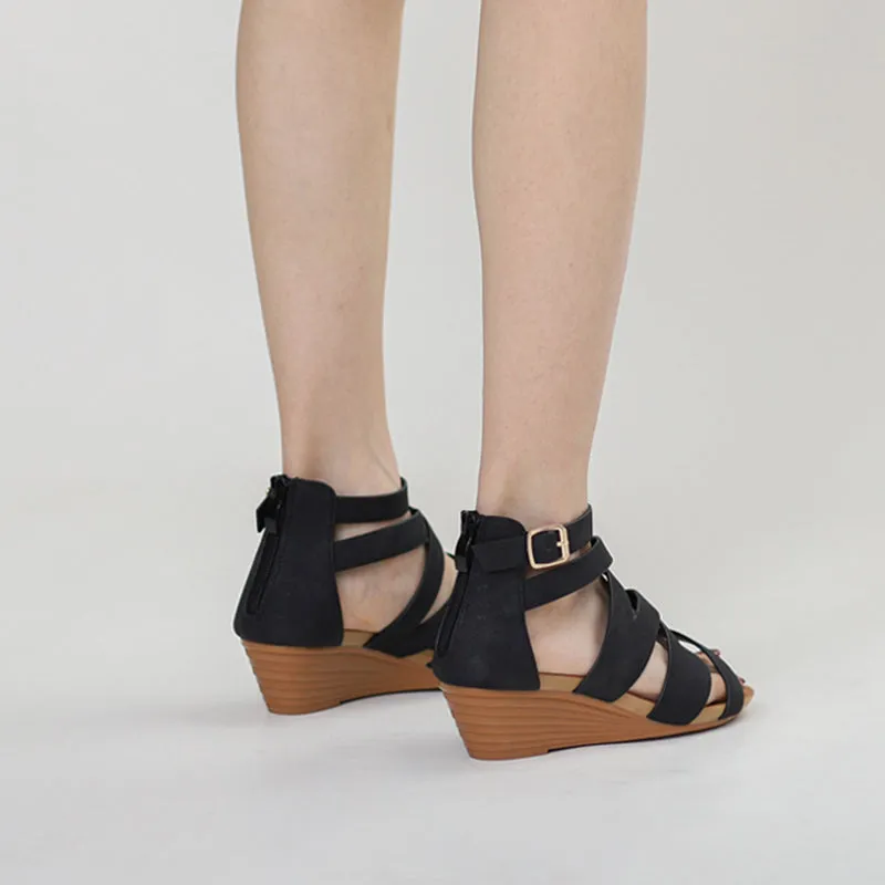 Retro wedge heels gladiator sandals with back zipper