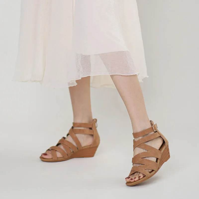 Retro wedge heels gladiator sandals with back zipper