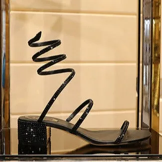 Rhinestone strap ankle wrappped block heels sandals Bling open toe sandals