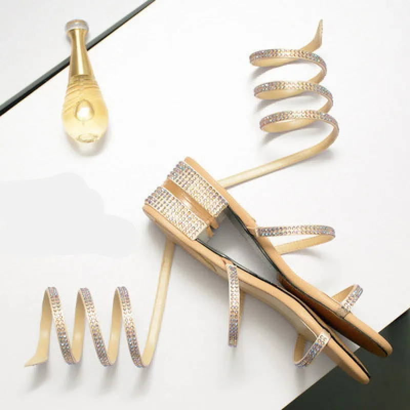 Rhinestone strap ankle wrappped block heels sandals Bling open toe sandals