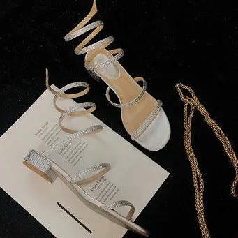 Rhinestone strap ankle wrappped block heels sandals Bling open toe sandals