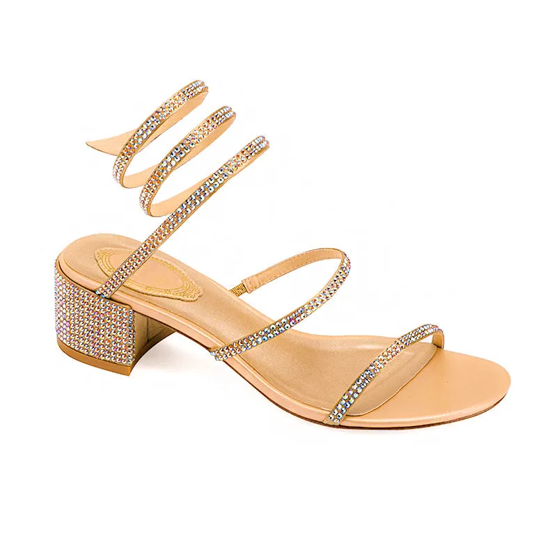 Rhinestone strap ankle wrappped block heels sandals Bling open toe sandals