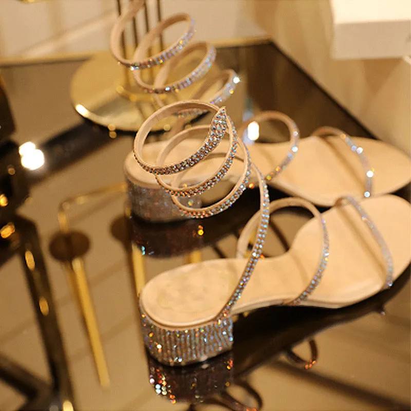 Rhinestone strap ankle wrappped block heels sandals Bling open toe sandals