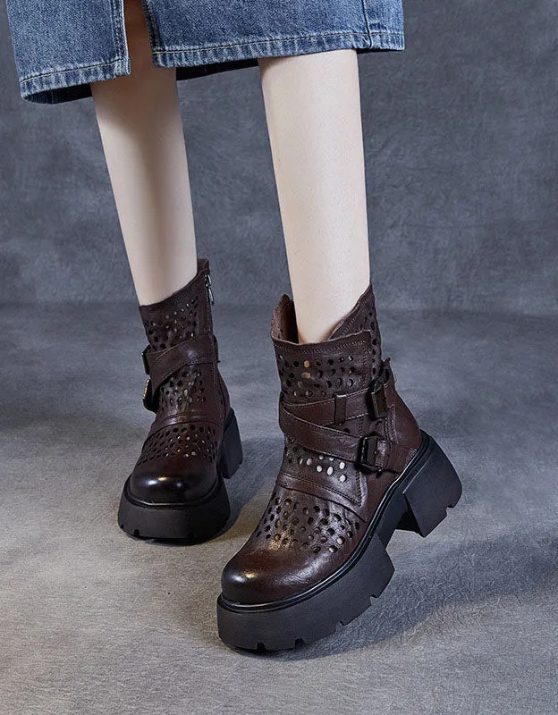 Round Toe Leather Buckles Beathable Hollow Platform Boots
