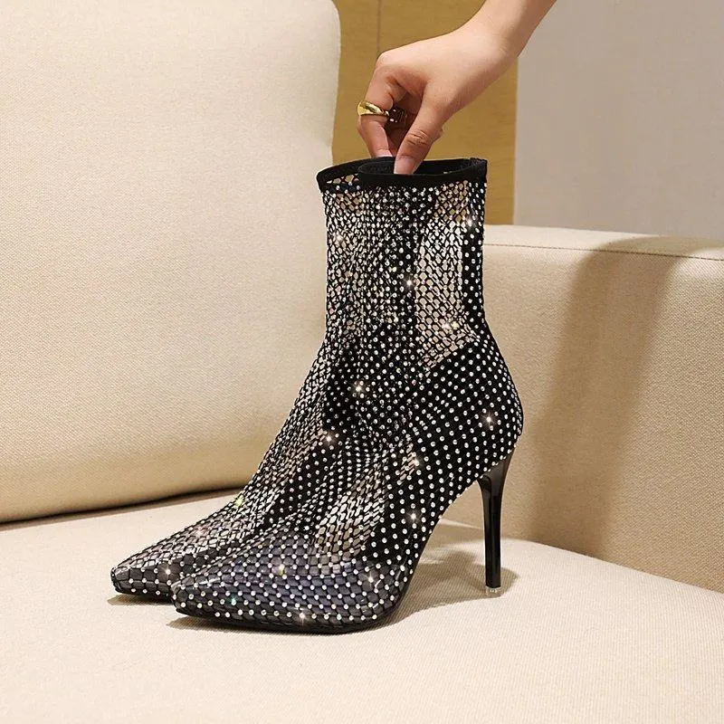Sexy rhinestone fishnet boots for party nightclub