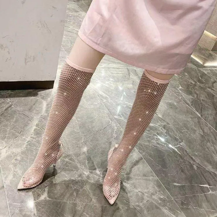 Sexy rhinestone fishnet boots for party nightclub