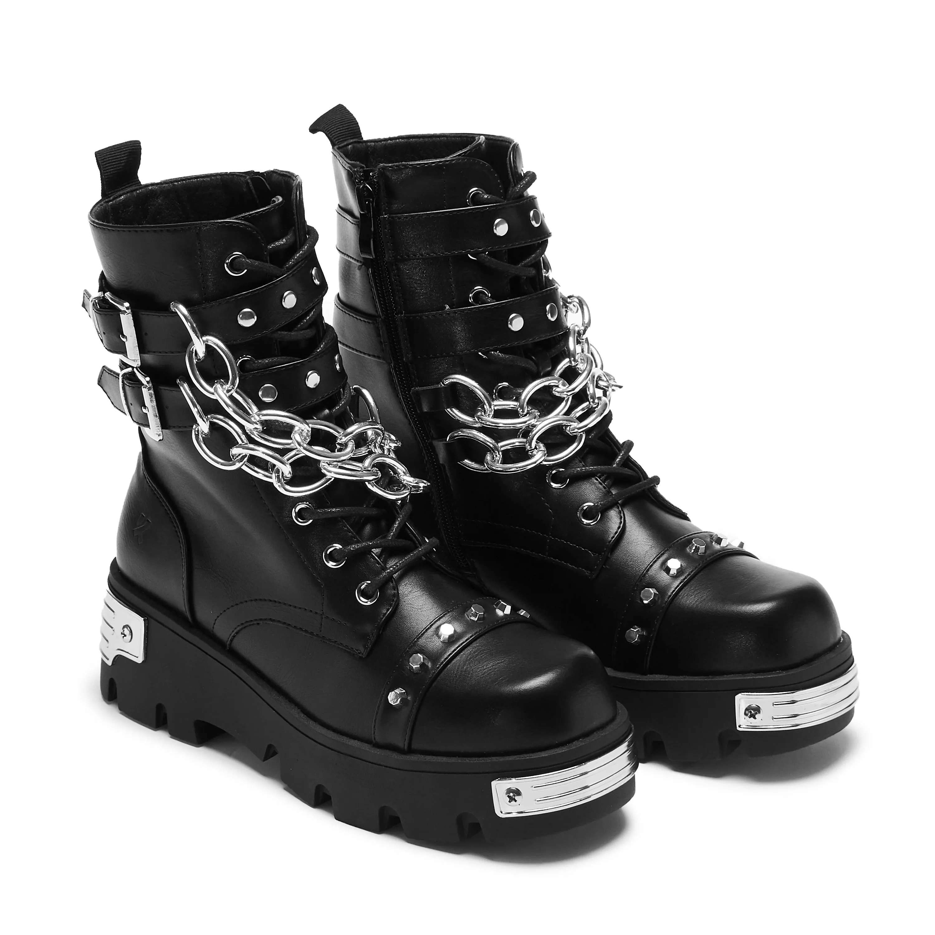 Shackled Shadows Heavy Duty Chain Biker Boots - Black
