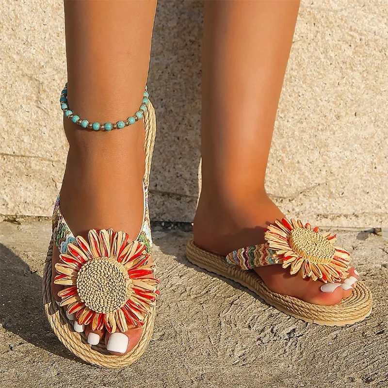 Summer ethnic flower flip flops flat beach slides