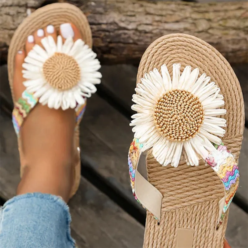 Summer ethnic flower flip flops flat beach slides