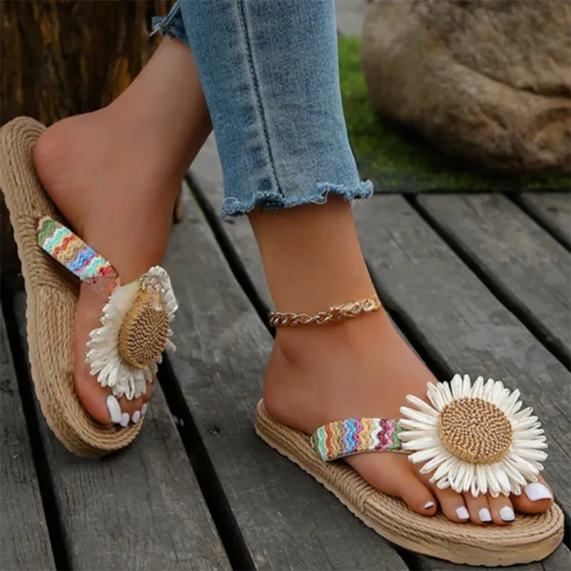 Summer ethnic flower flip flops flat beach slides
