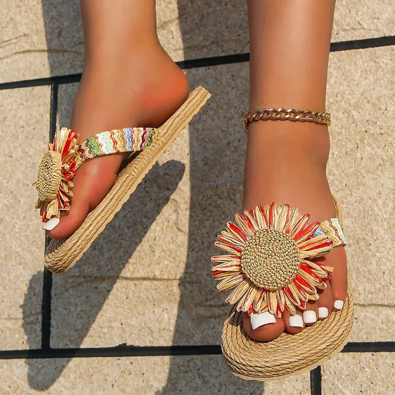 Summer ethnic flower flip flops flat beach slides