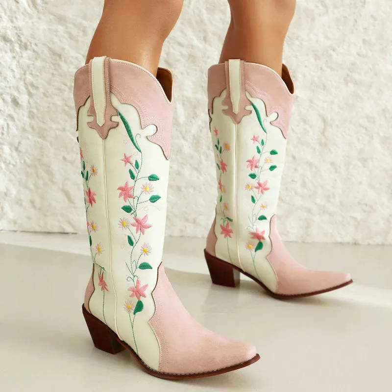 Tillbuy Flower Color Block Cowboy Boots