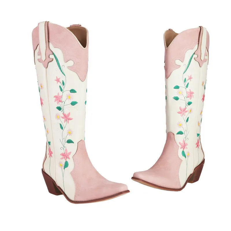 Tillbuy Flower Color Block Cowboy Boots