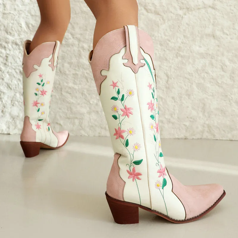 Tillbuy Flower Color Block Cowboy Boots