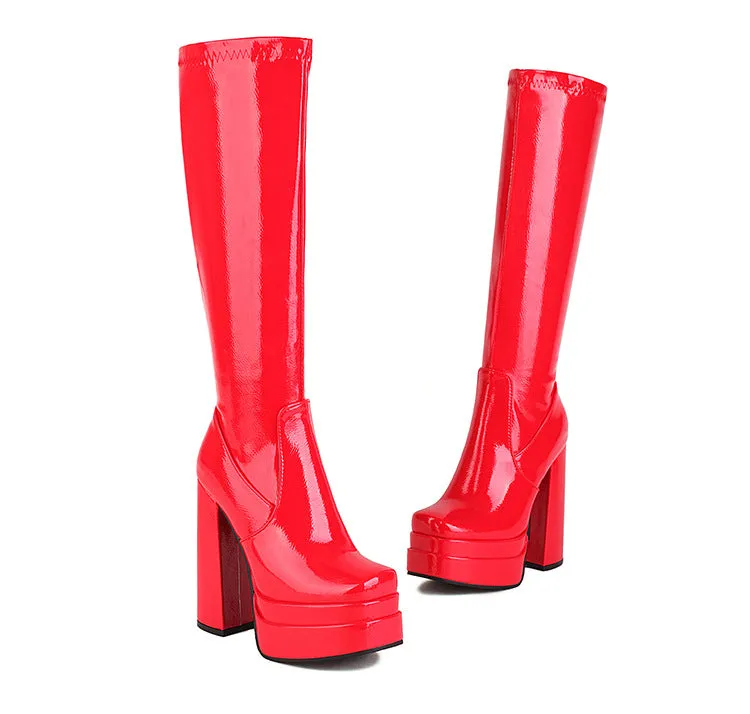 Ultra high heels chunky platform knee high boots for party