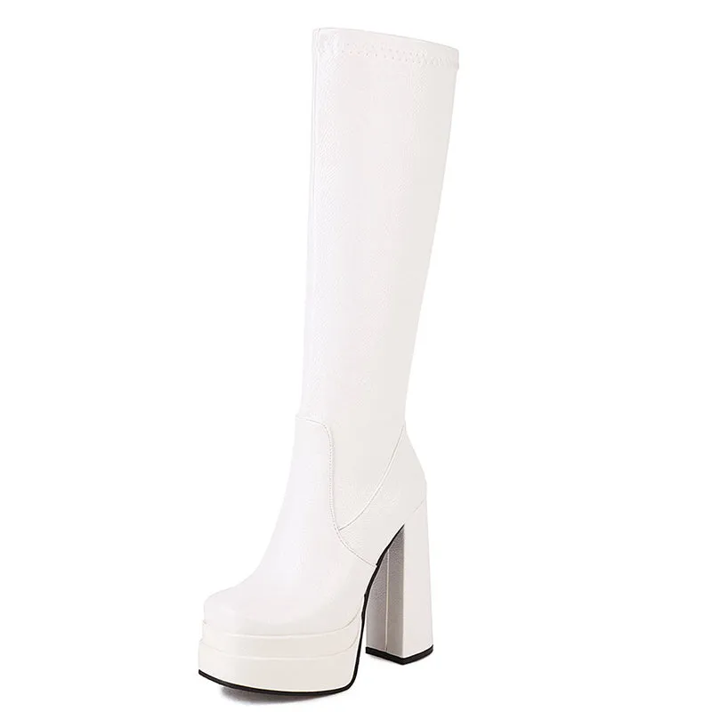 Ultra high heels chunky platform knee high boots for party