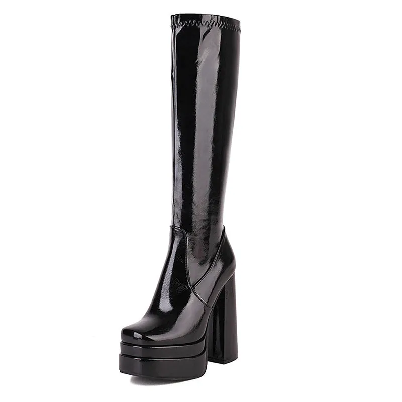 Ultra high heels chunky platform knee high boots for party
