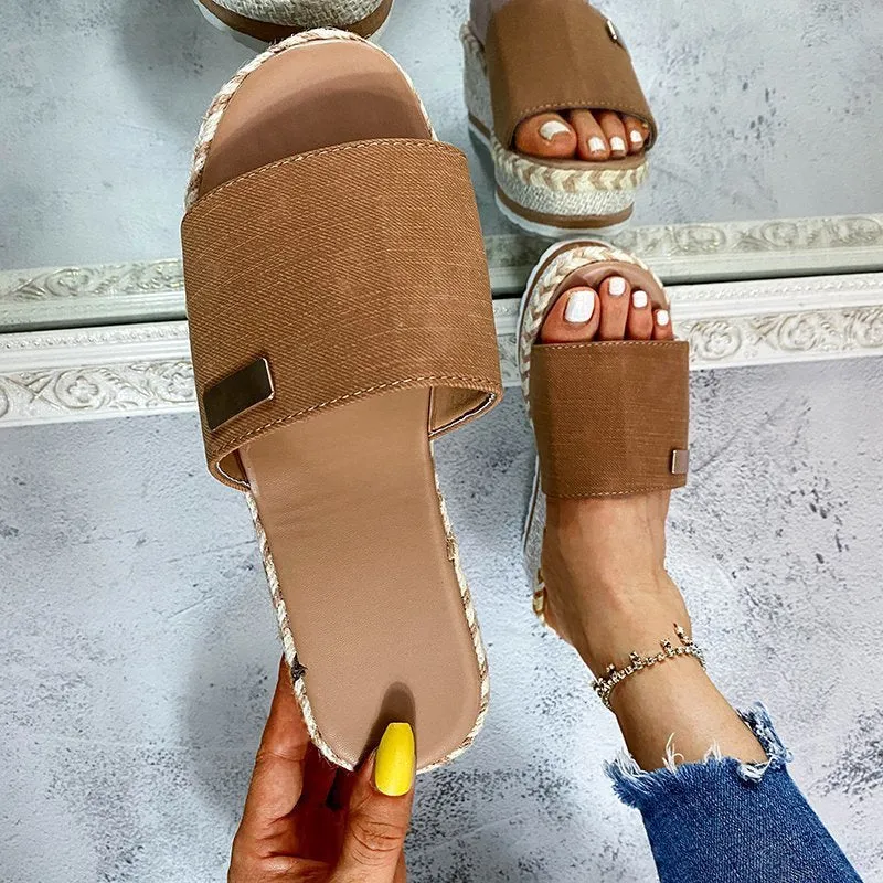 Wedge slide sandals peep toe slip on espadrille platform sandals