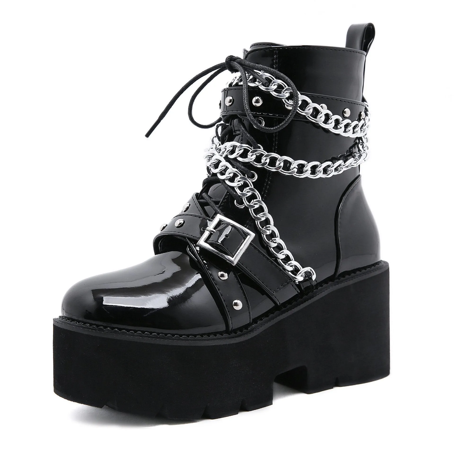 Women black punk metal chains thick platform chunky booties