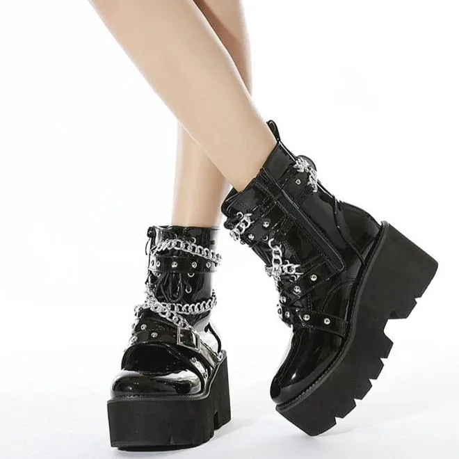 Women black punk metal chains thick platform chunky booties