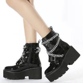 Women black punk metal chains thick platform chunky booties