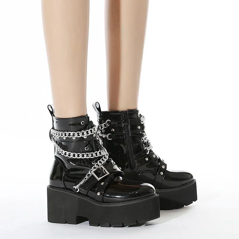 Women black punk metal chains thick platform chunky booties