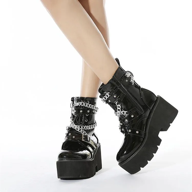 Women black punk metal chains thick platform chunky booties