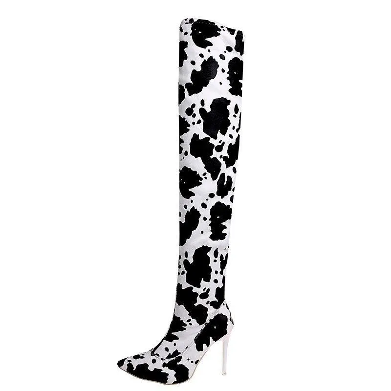 Women fashion printed stiletto high heel pointed toe over the knee boots