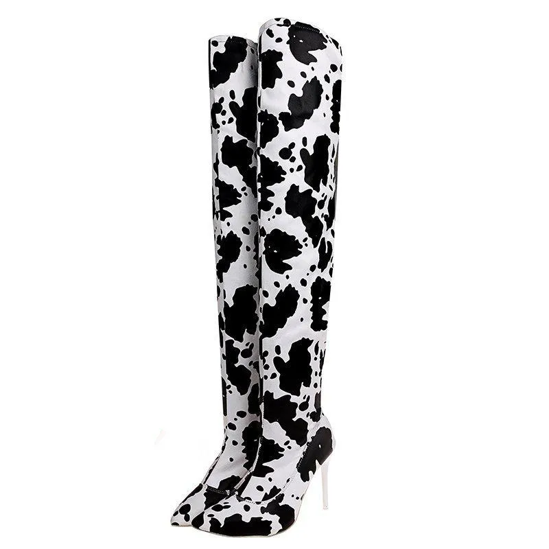 Women fashion printed stiletto high heel pointed toe over the knee boots