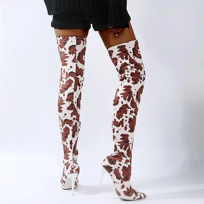 Women fashion printed stiletto high heel pointed toe over the knee boots