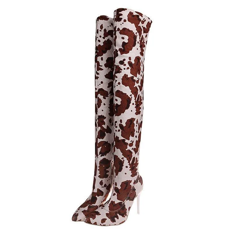 Women fashion printed stiletto high heel pointed toe over the knee boots