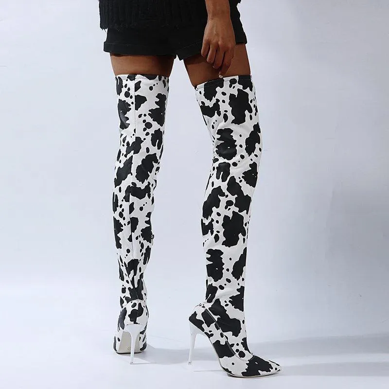 Women fashion printed stiletto high heel pointed toe over the knee boots