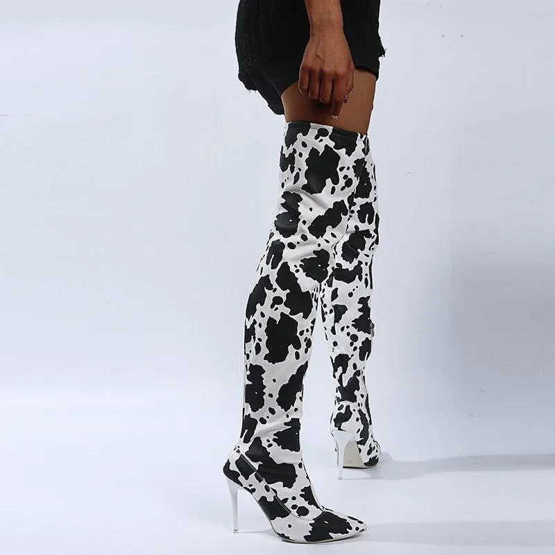 Women fashion printed stiletto high heel pointed toe over the knee boots