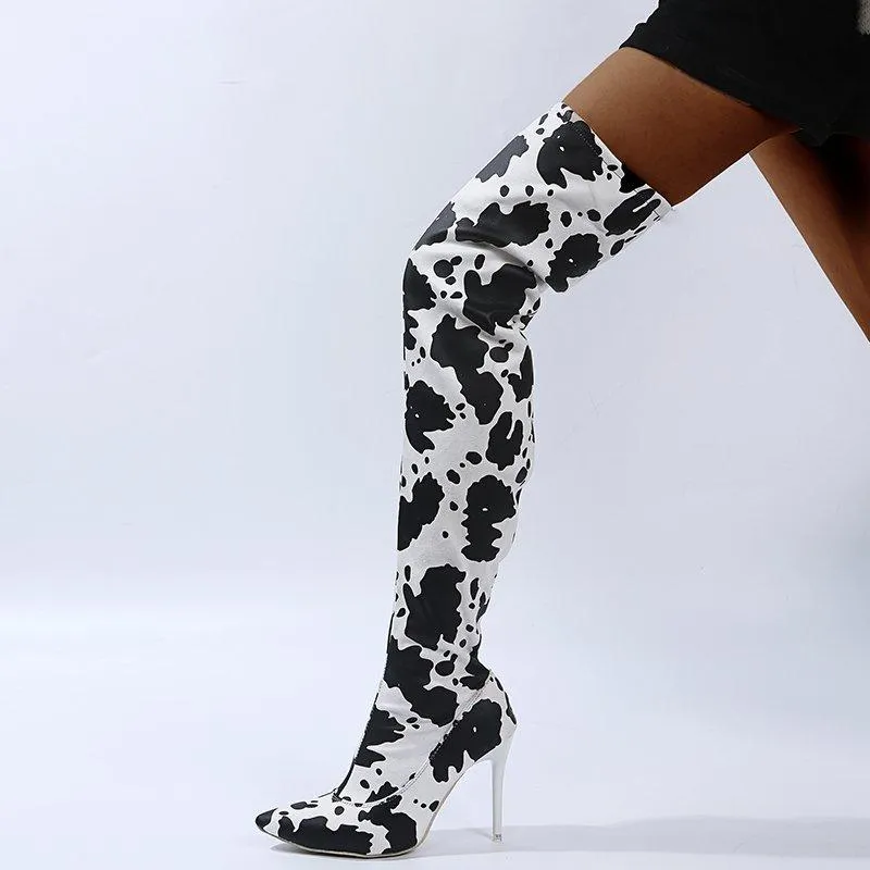 Women fashion printed stiletto high heel pointed toe over the knee boots
