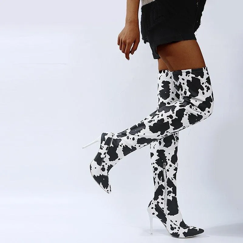 Women fashion printed stiletto high heel pointed toe over the knee boots