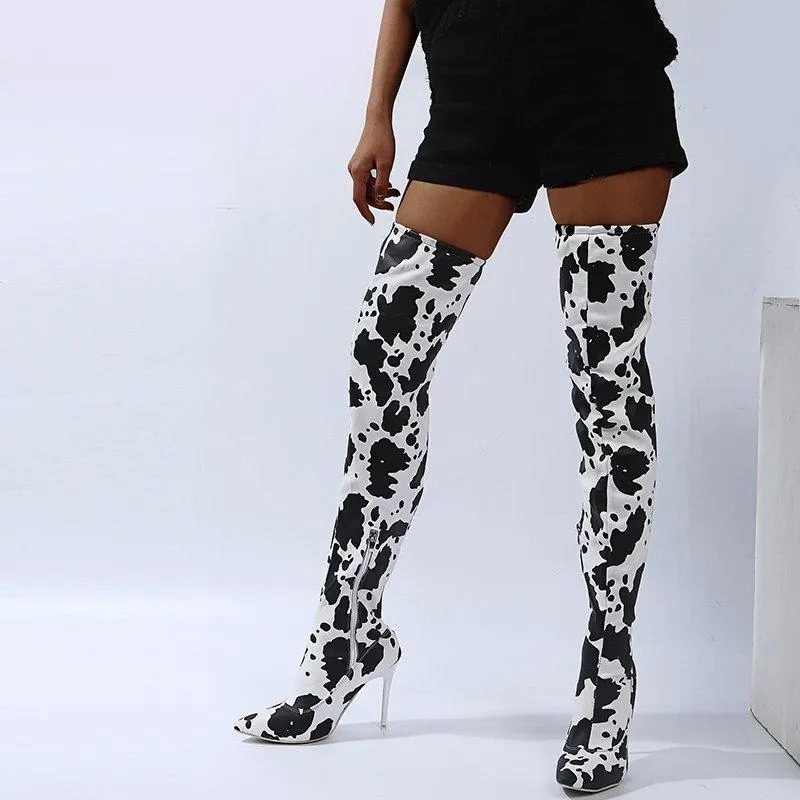 Women fashion printed stiletto high heel pointed toe over the knee boots
