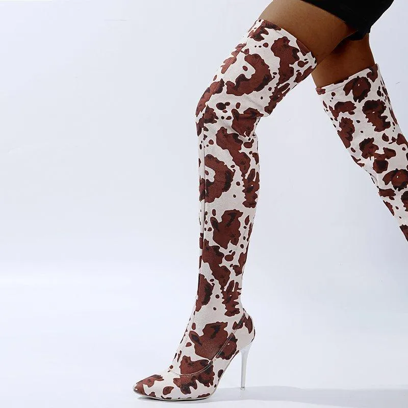 Women fashion printed stiletto high heel pointed toe over the knee boots