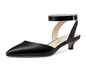 Women Kitten Low Heel Close Pointed Toe Pumps Ankle Strap Slingback Buckle Sandals Wedding Office Cute Classic Shoes Black Matte