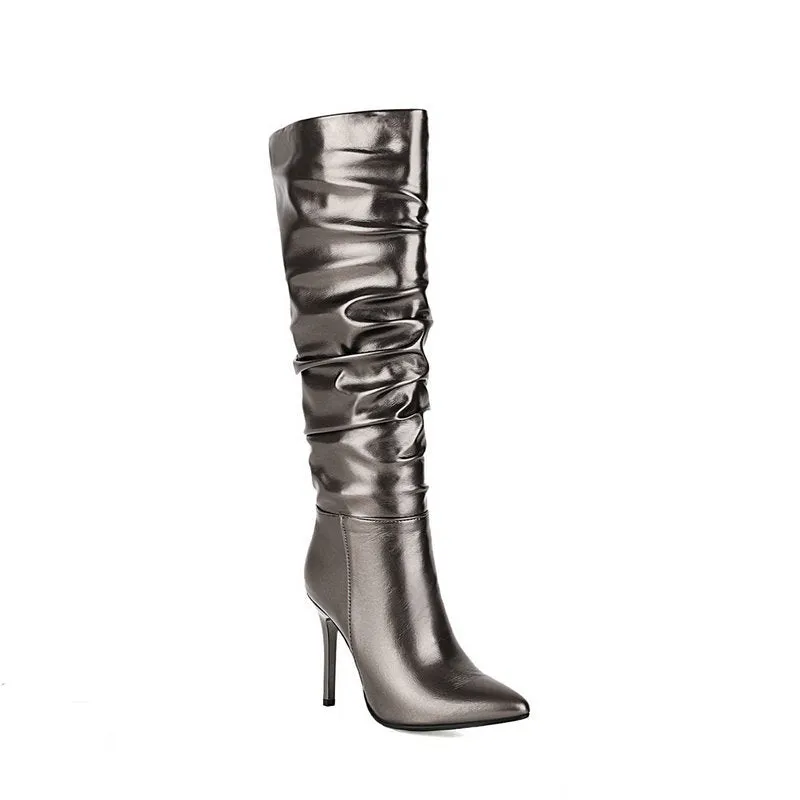 Women knee high boots elegant sequin stiletto high heel pointed toe slouch boots