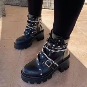 Women multicolor patchwork rivets straps chunky platform bootis | Stempunk studded ankle boots