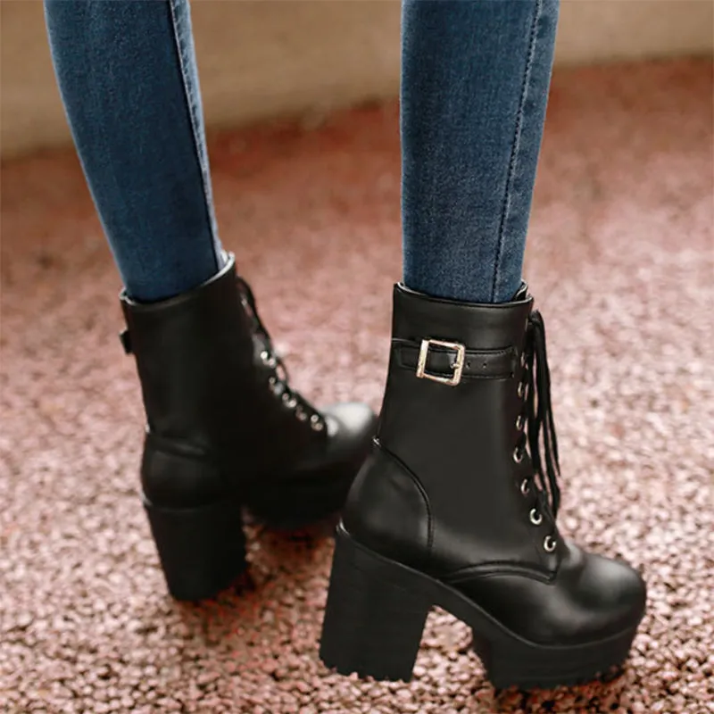 Women platform boots chunky high heel short crisscross lace up boots
